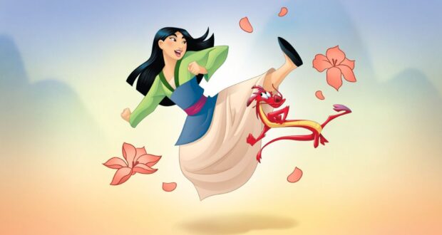 A cartoon woman in traditional attire performs a high kick amid falling pink petals, resembling a Disney Princess in action. A small red dragon joins her, exuding energy against a soft gradient backdrop of blue and orange.