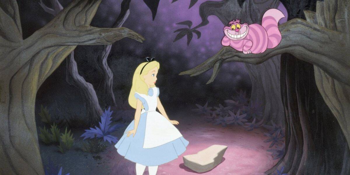 A blonde girl in a blue and white dress stands in a dark, mystical forest, reminiscent of Alice in Wonderland, looking up at a grinning pink and purple striped cat perched on a tree branch. The scene is whimsical and surreal, fueling Disney fan theories with its enchanting mystery.