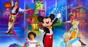 Mickey Mouse joins Disney princesses amidst enchanting castles and sparkling lights in a lively, colorful scene reminiscent of Disney On Ice festivities in Florida.