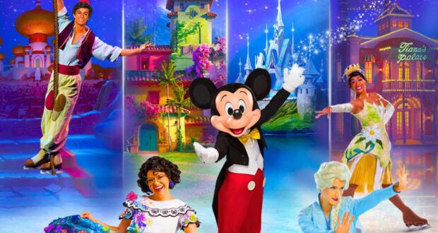 Mickey Mouse joins Disney princesses amidst enchanting castles and sparkling lights in a lively, colorful scene reminiscent of Disney On Ice festivities in Florida.