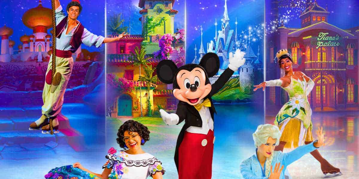 Mickey Mouse joins Disney princesses amidst enchanting castles and sparkling lights in a lively, colorful scene reminiscent of Disney On Ice festivities in Florida.