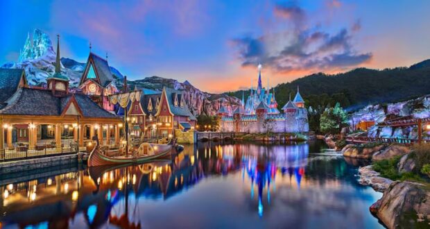 World of Frozen lit up at night at Hong Kong Disneyland