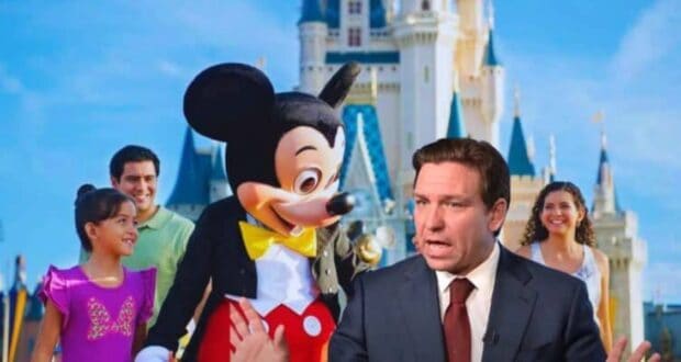 DeSantis with Mickey Mouse and Disneyland behind them