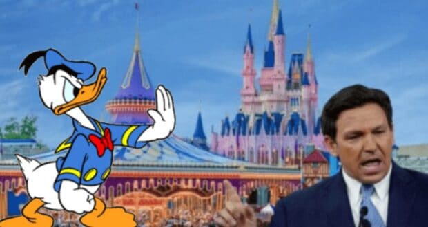 Desantis and Donald Duck with Disney Castle behind them