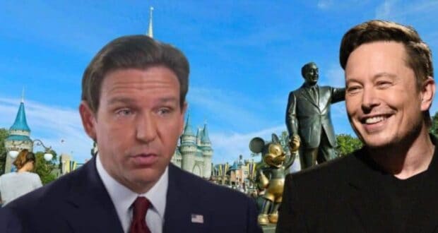 DeSantis and Elon Musk with Disney Park behind them