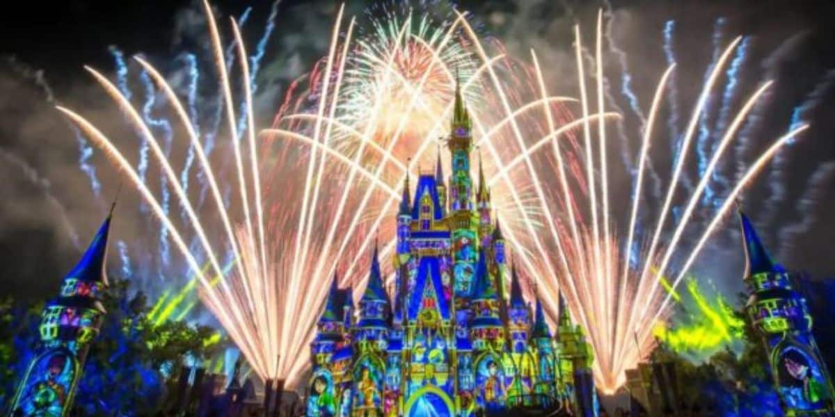 Disney park with fireworks display
