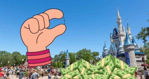 Hand and animated money with Disney park behind it