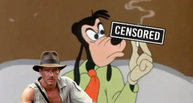 Herbert Johnson and Goffy holding a cigarette with a warning sign censored