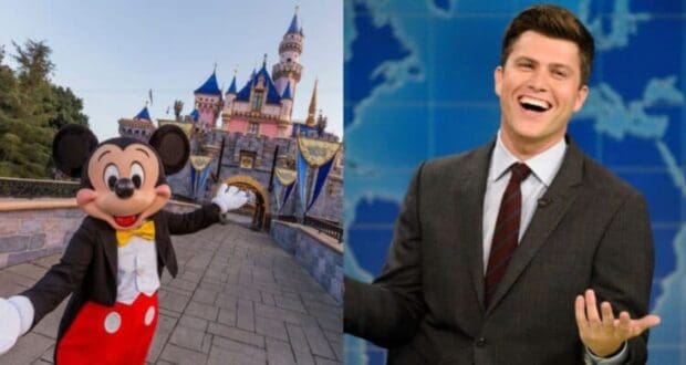 Mickey mouse in Disneyland and Colin Jost smiling