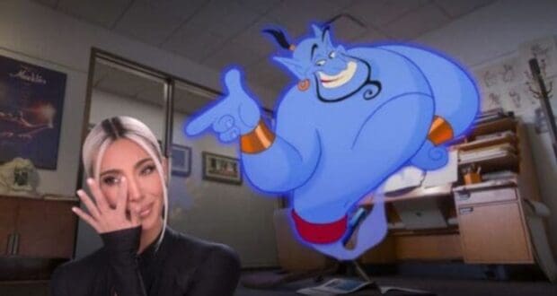 Kim Kardashian and a Genie pointing at her