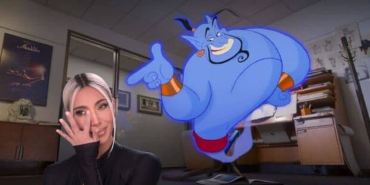Kim Kardashian and a Genie pointing at her
