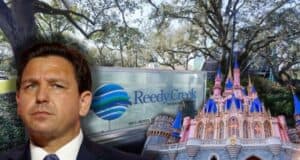 Ron DeSantis and Disneyland castle with Reedy Creek behind it