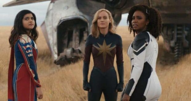 The Marvels scene with three women marvel heroes