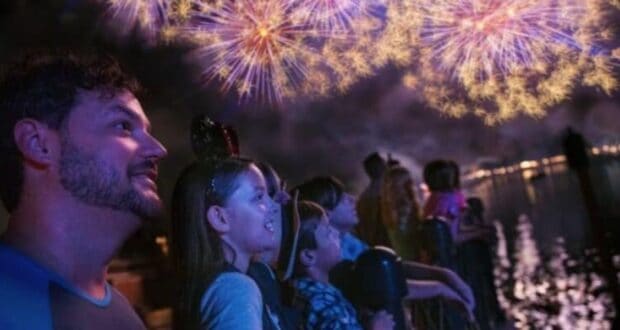 Disney guests watching EPCOT Forever fireworks display