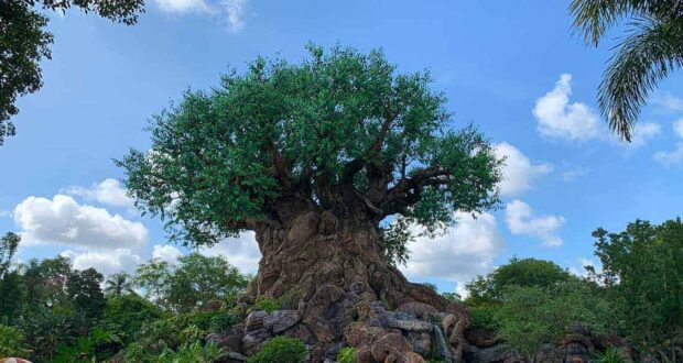 A large, intricately-carved tree stands in lush greenery under a blue sky with scattered clouds. The tree’s trunk features detailed animal sculptures, and leafy green branches extend outward, creating a broad canopy.