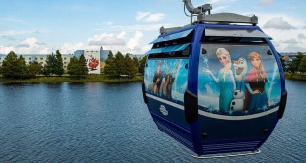 A blue gondola adorned with "Frozen" characters, including Elsa, Anna, and Olaf, travels above a calm body of water. In the background, there's a hotel with a themed mural, set against a partly cloudy sky.