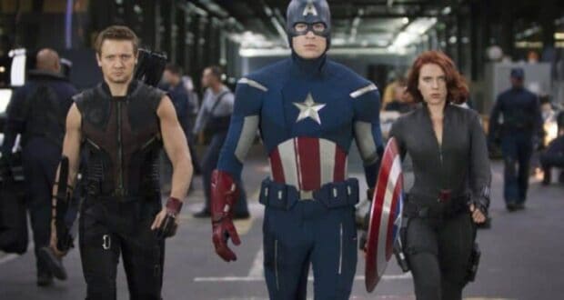 Hawkeye, Captain America, and Black Widow walking together in the Avengers