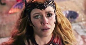 Haunted forest scene with scarlet witch, mystical magic, vibrant colors, cinematic style.