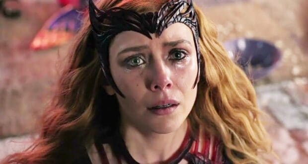 Haunted forest scene with scarlet witch, mystical magic, vibrant colors, cinematic style.