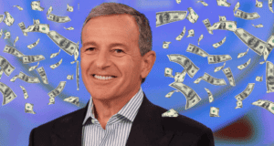 Mickey Mouse in a suit beams with excitement as animated dollar bills whirl around him on a vibrant, dynamic background, capturing the thrilling energy and new possibilities brought by the Disney/NFL partnership.
