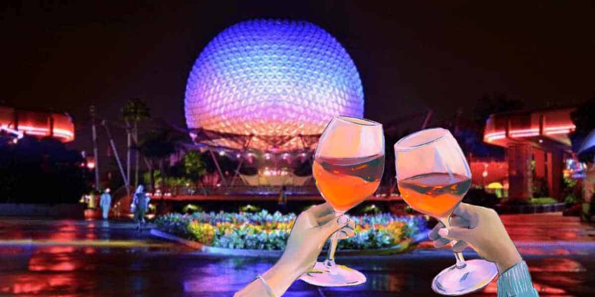 Two hands clinking wine glasses in the foreground with Epcot’s illuminated geodesic sphere, Spaceship Earth, glowing in purple and blue lights at night in the background.