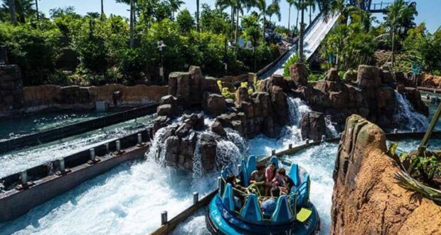 A group of people ride a circular blue raft down a water rapids attraction, surrounded by artificial rocks, flowing water, and lush green palm trees under a sunny sky.