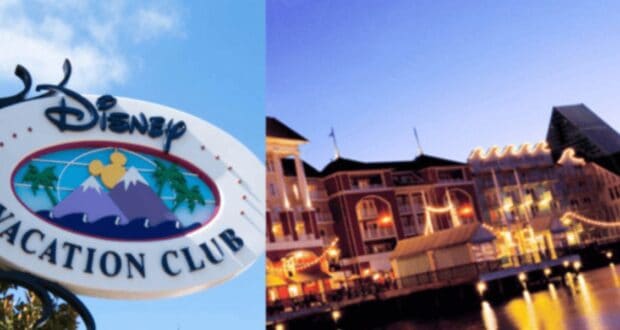 The image showcases a Disney Vacation Club sign, complete with a colorful mountain and palm tree graphic on the left. On the right, there's a scenic view of a brightly lit waterfront resort at dusk in Florida, inviting DVC members to enjoy potential timeshare tax breaks.