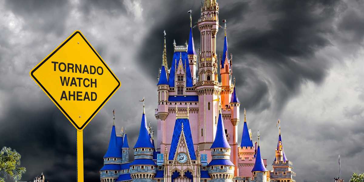 Tornado Watch Ahead sign next to Cinderella Castle