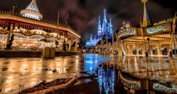 Magic Kingdom with Cinderella Castle and puddles