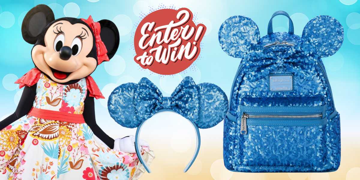 A promotional image featuring a Minnie Mouse character in a floral dress, with blue sequined Minnie Mouse ears headband and a matching blue sequined backpack. The text "Enter to Win!" is displayed prominently at the center against a colorful background, announcing an exclusive Disney Giveaway.
