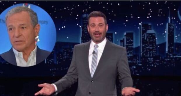 Jimmy Kimmel on staage with Bob Iger in the corner