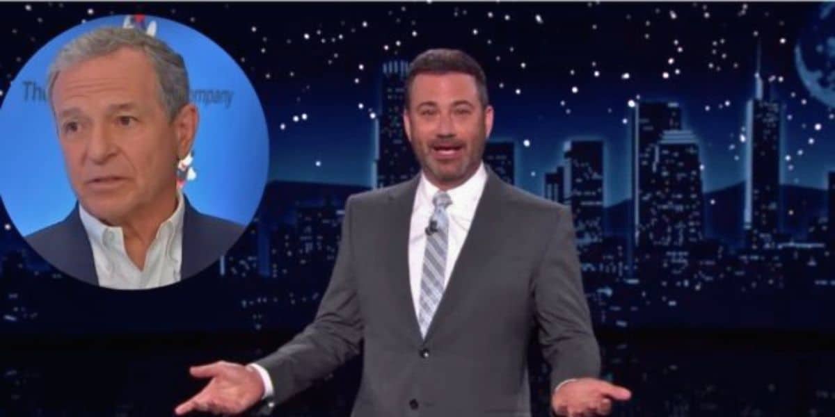 Jimmy Kimmel on staage with Bob Iger in the corner