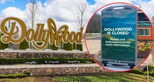 The image shows two signs related to dollywood. on the left is an ornamental golden "dollywood" sign and on the right, a digital roadside sign announcing that dollywood is closed, asking visitors to check their website for more information.