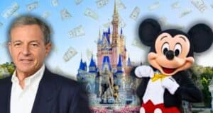 Bob Iger and Mickaey Mouse standing in front of Magic Kingdom Park at Disney World Resort with investments falling down.