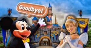 Mickey Mouse and Cinderella wave in front of a Disney castle with a large speech bubble that says "Goodbye!" The sky is blue, and the scene is cheerful.