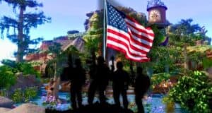 Silhouetted soldiers stand on a hill in front of an American flag. The background is an overgrown, abandoned jungle with a rundown treehouse and other structures, evoking a surreal and patriotic atmosphere reminiscent of a Disney adventure gone astray.