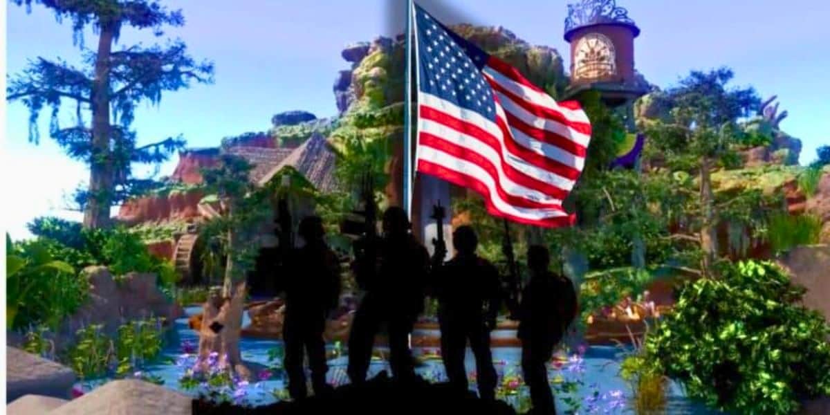 Silhouetted soldiers stand on a hill in front of an American flag. The background is an overgrown, abandoned jungle with a rundown treehouse and other structures, evoking a surreal and patriotic atmosphere reminiscent of a Disney adventure gone astray.