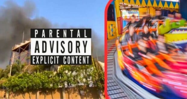 A composite image featuring a "Parental Advisory: Explicit Content" warning over a smoky background on the left, and a colorful, blurred image of a spinning amusement park ride on the right, showing a theme park accident.