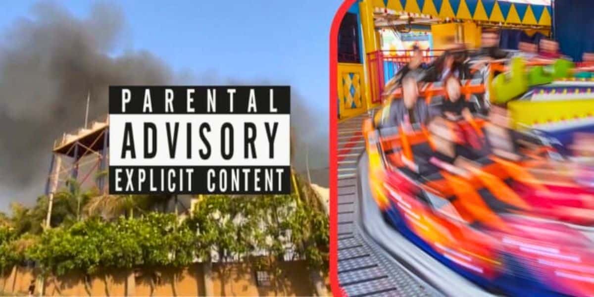 A composite image featuring a "Parental Advisory: Explicit Content" warning over a smoky background on the left, and a colorful, blurred image of a spinning amusement park ride on the right, showing a theme park accident.