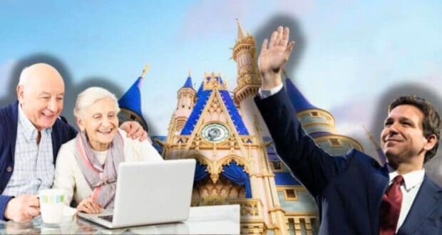 An elderly couple sits at a table, looking at a laptop with smiles. Behind them is a large castle reminiscent of a famous theme park castle. On the right side of the image, Governor DeSantis in a suit waves his hand, appearing to be smiling.