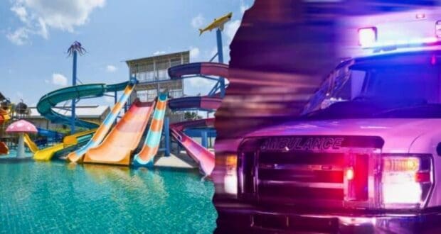 The image is split into two parts: the left side shows a colorful theme park water area with multiple water slides and a pool, while the right side depicts the front of an ambulance with flashing emergency lights.
