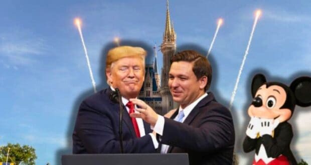 Donald Trump and Ron DeSantis in suits, one with a red tie and the other a blue tie, stand together smiling with fireworks and a castle in the background. On the right, Mickey Mouse from Disney poses with his hands on his cheeks.
