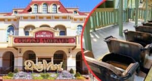 The image shows the Showstreet Palace Theater at Dollywood with its iconic sign and a flowerbed spelling "Dollywood" in front. To the right, there's a close-up of empty ride seats from a recent shutdown, with a section of the queue area visible.