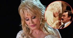 A woman with blonde hair and wearing a sparkly white outfit looks down thoughtfully. In the top right corner, there's an inset image of music legend Dolly Parton in white, pointing at a man in a suit.