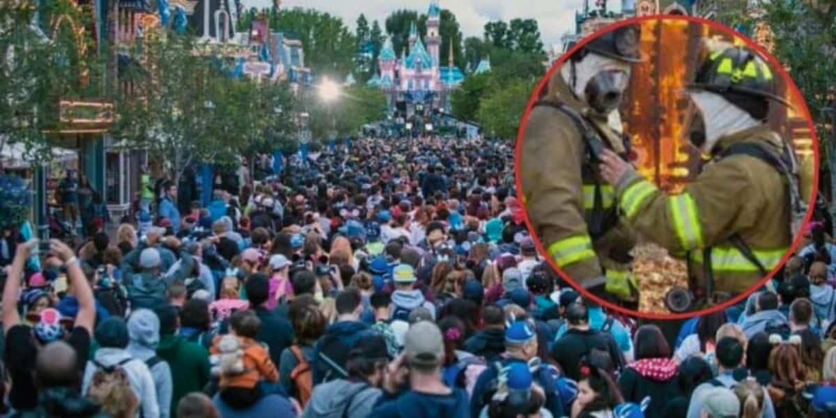 A crowded amusement park, reminiscent of Disneyland, bustling with numerous visitors wearing casual clothing and headgear. Inset within a red circle is an image of two firefighters in uniform and helmets from the Fire Department, standing close to each other with one gently touching the other's chest.