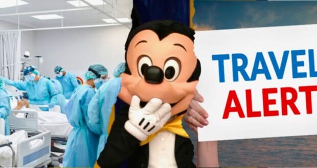 An image divided in half, showing a hospital scene on the left with medical staff attending to a patient, and on the right, Mickey Mouse at Disney World standing next to a sign that reads "TRAVEL ALERT" in bold red and blue letters.