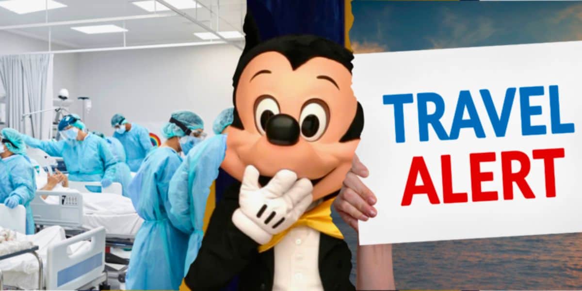 An image divided in half, showing a hospital scene on the left with medical staff attending to a patient, and on the right, Mickey Mouse at Disney World standing next to a sign that reads "TRAVEL ALERT" in bold red and blue letters.