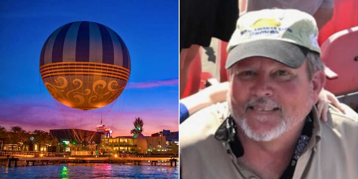 The image is split into two sections. The left side features a hot air balloon illuminated against a twilight sky, with buildings and water in the foreground. The right side shows a man smiling, wearing a baseball cap and a beige shirt, photographed in an outdoor setting.