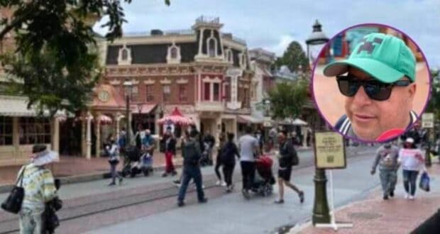 Guests walking down Main Street, U.S.A. at Disneyland. In the foreground is a screenshot from a video of a man discussing the Disney filming crackdown.