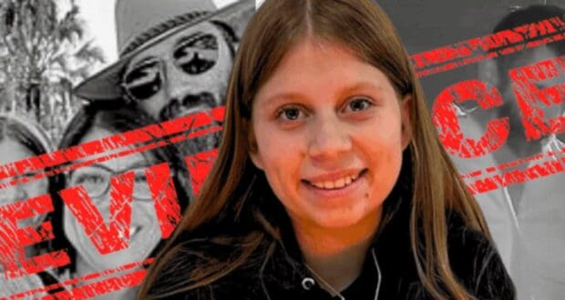 A young girl with long brown hair smiling at the camera. In the background, black-and-white images of people are overlaid with a red stamp of the word "EVIDENCE" in large letters.
